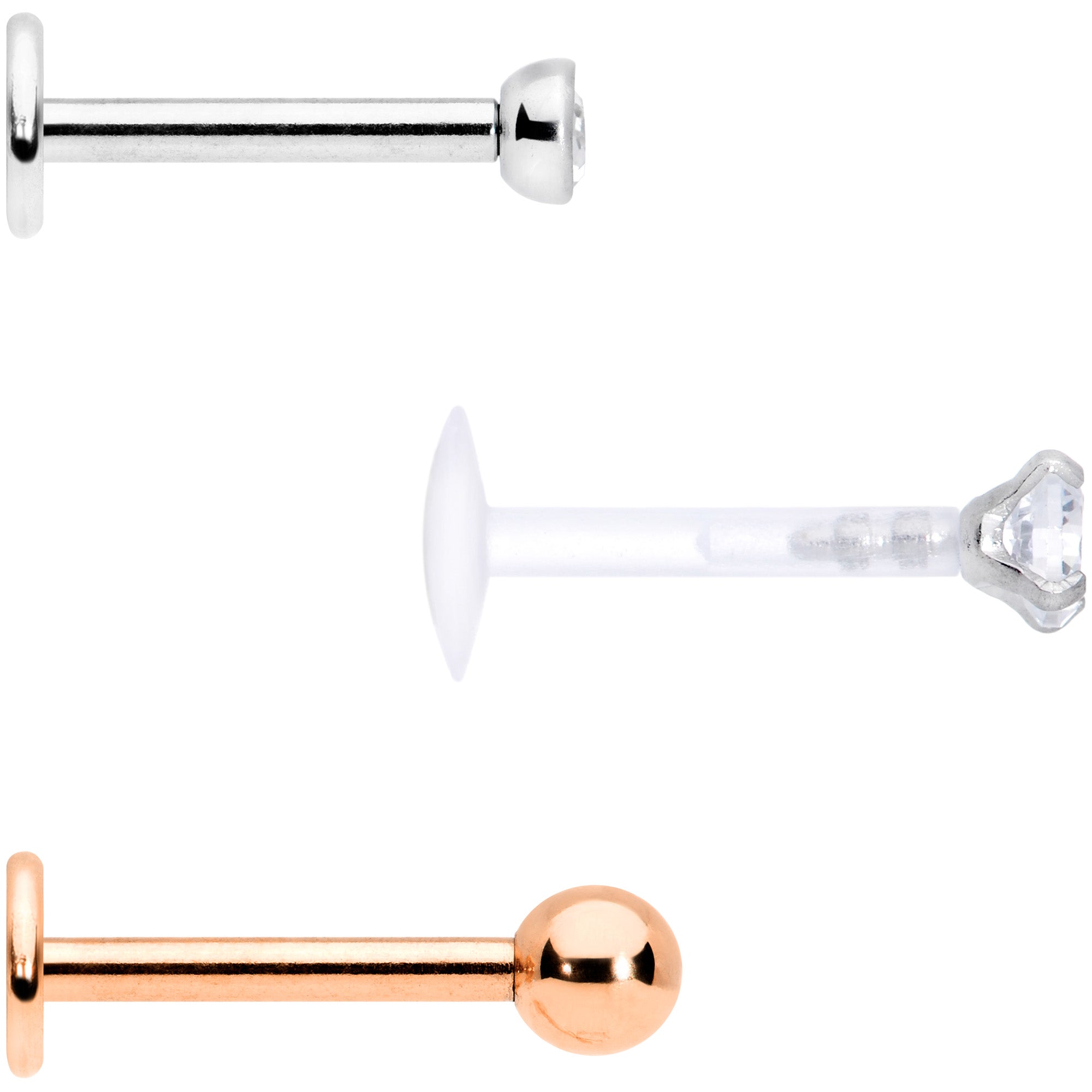 16G 5/16 Clear CZ Gem Rose Gold Tone Bioplast Labret Set of 3