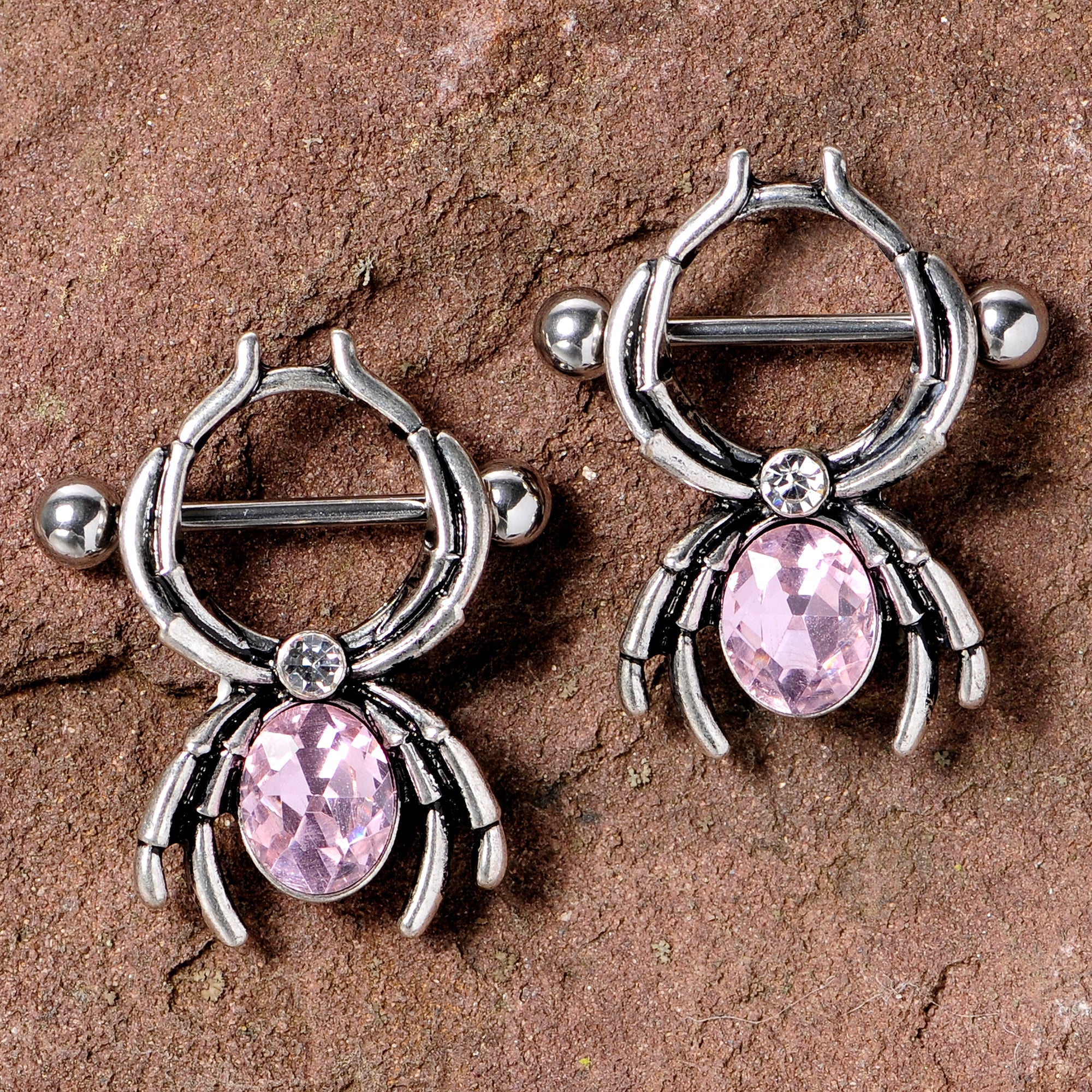 14G 9/16 Pink Gem Spider Halloween Nipple Shield Set