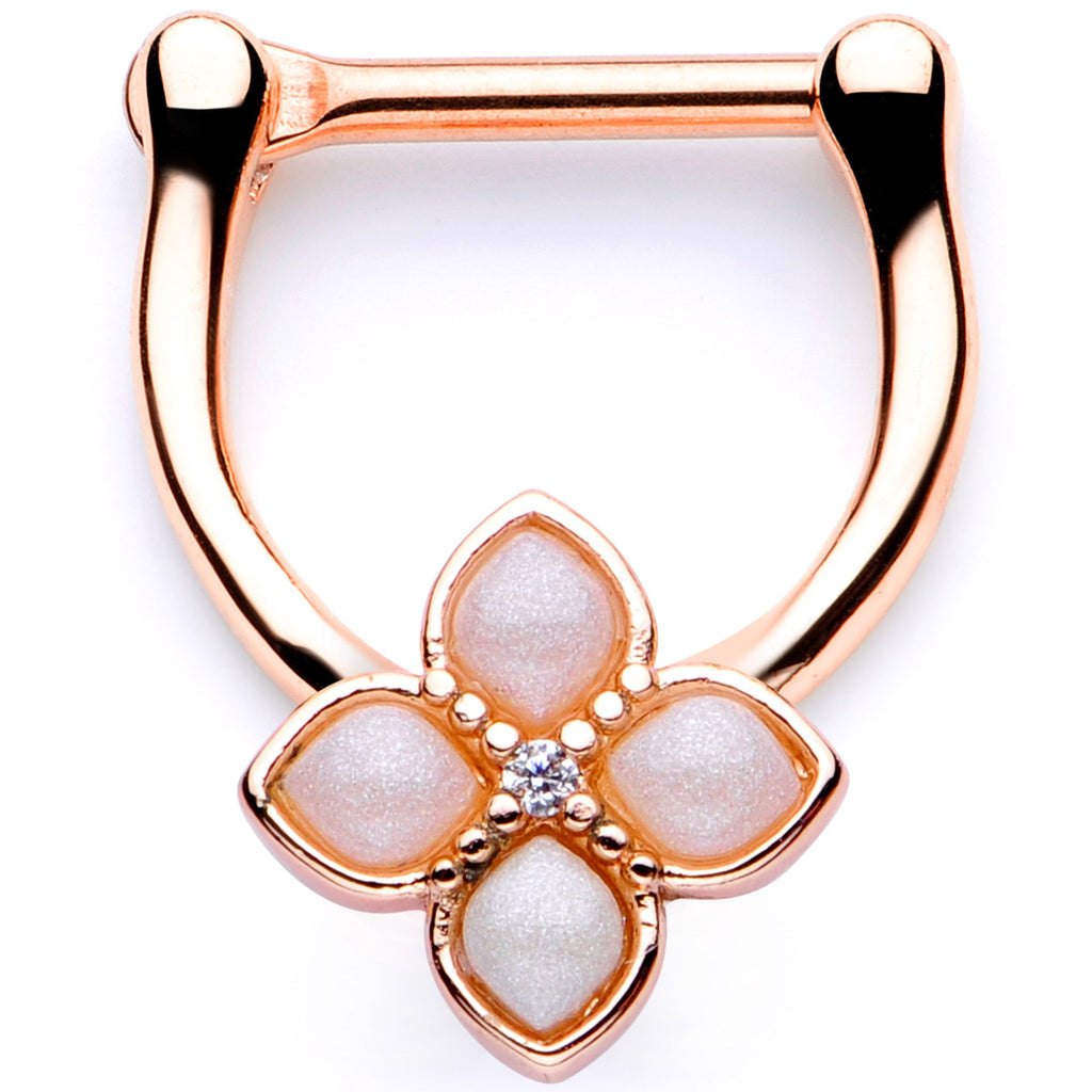 16G 3/8 White Faux Opal Rose Gold Tone Regal Cartilage Clicker