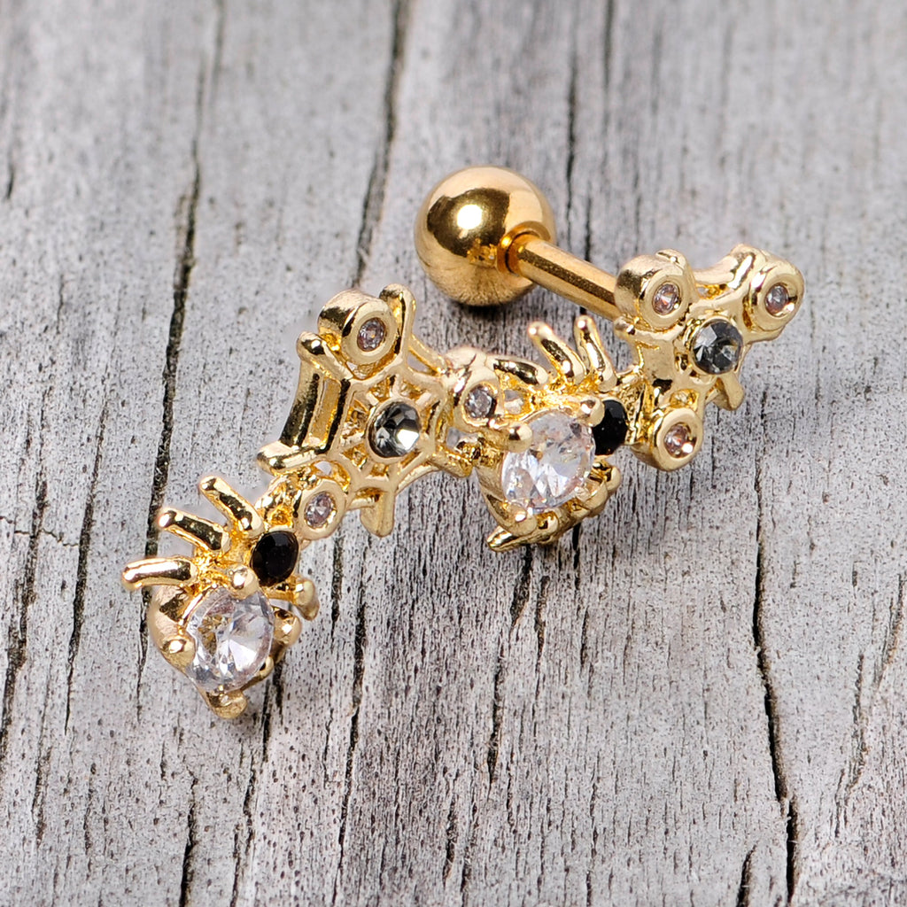 16G 1/4 Clear CZ Gem Gold Tone Spider Halloween Cartilage Tragus