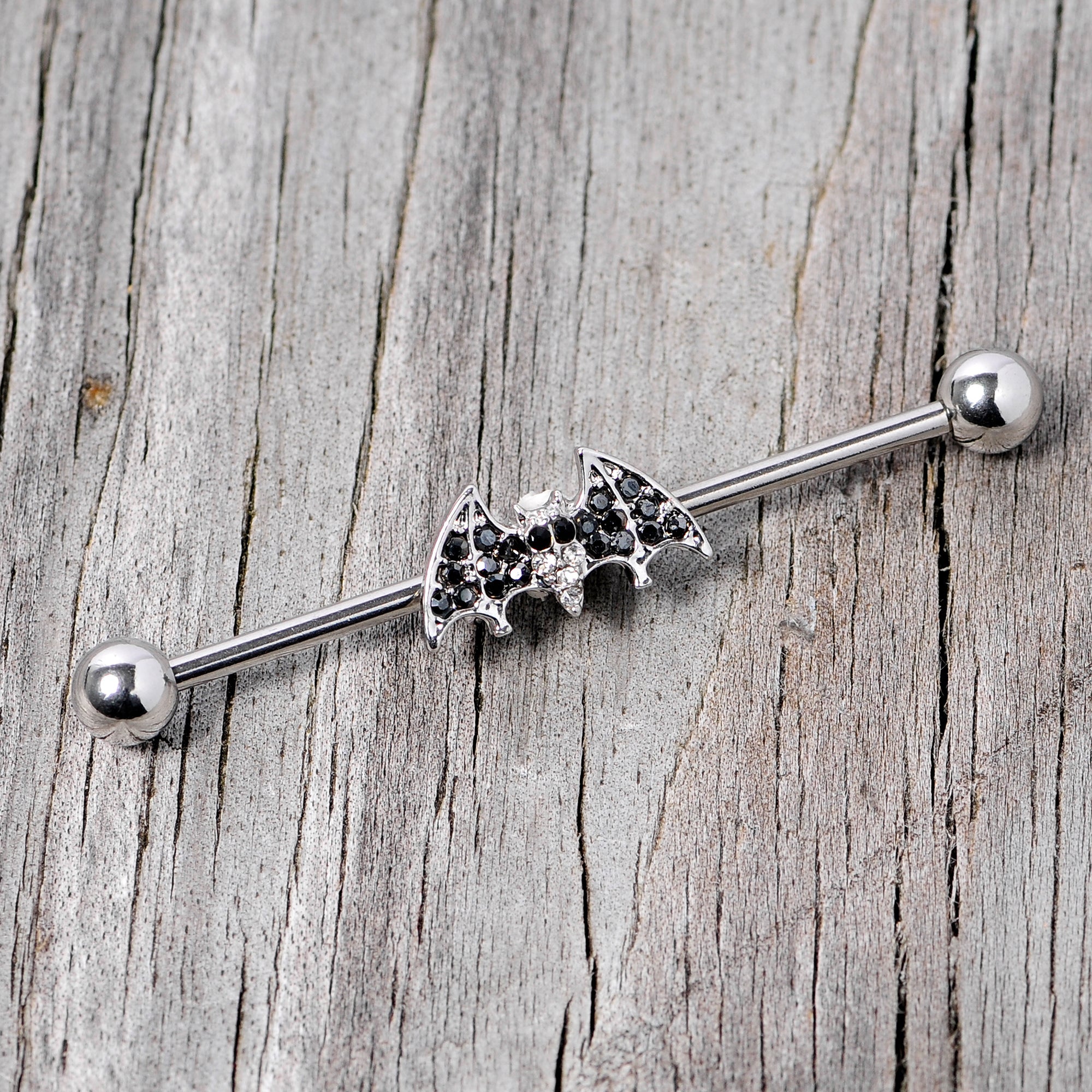 14G Clear Black Gem Bat Halloween Industrial Barbell 38mm