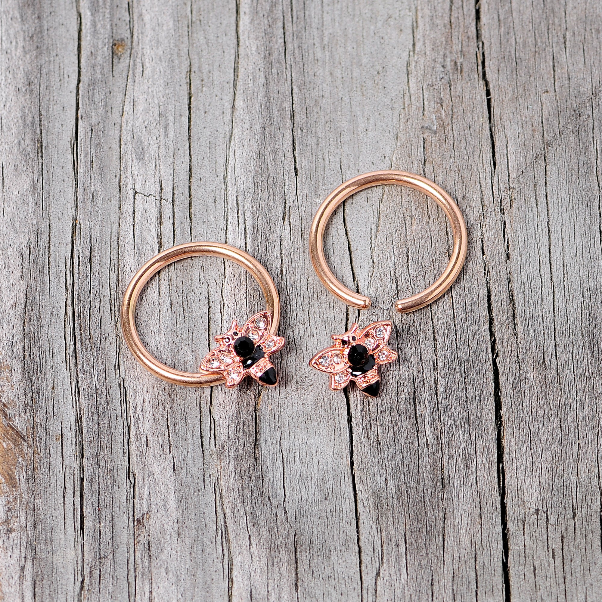 14G 9/16 Black Clear Gem Rose Gold Tone Bee BCR Nipple Ring Set