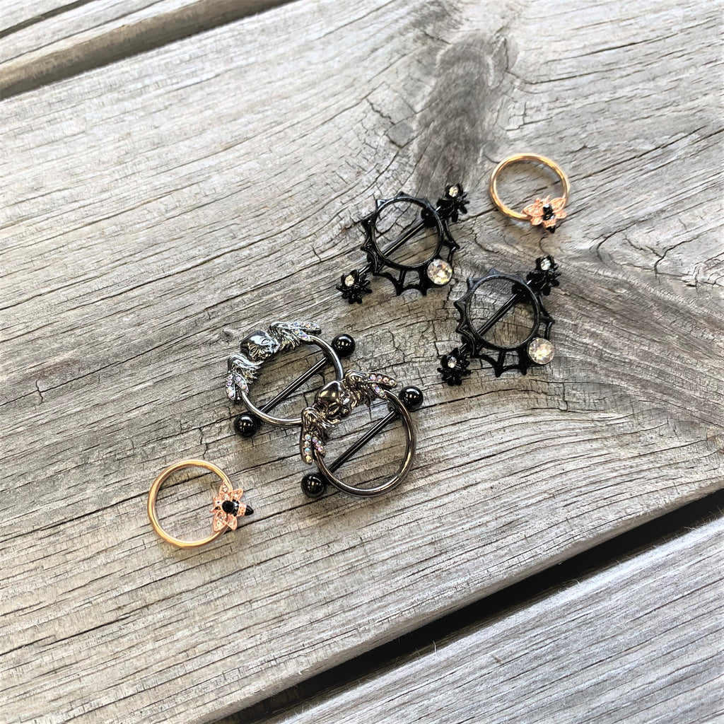 14G 9/16 Black Clear Gem Rose Gold Tone Bee BCR Nipple Ring Set
