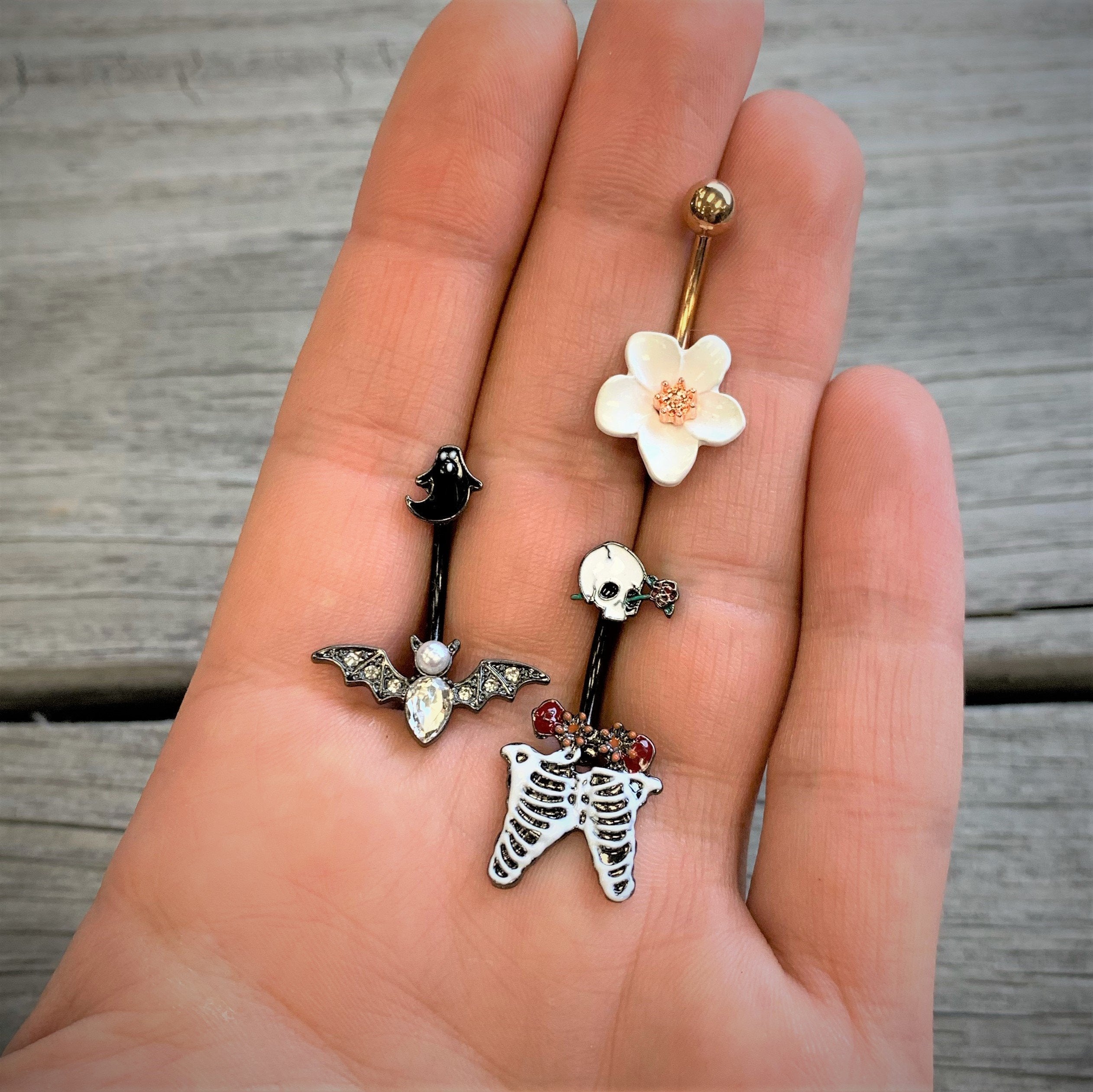 Black Skeleton Skull Rose Halloween Double Mount Belly Ring