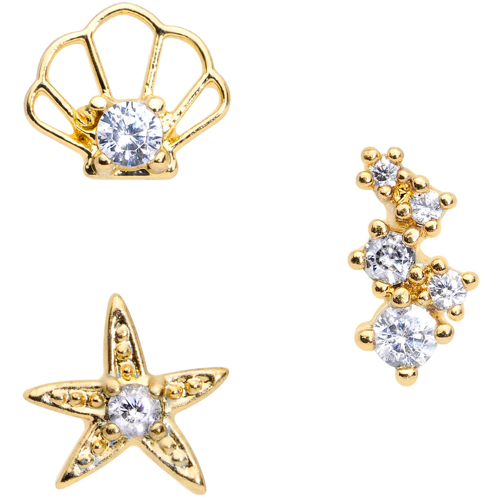 16G 1/4 Clear CZ Gem Gold Tone Nautical Cartilage Tragus Set of 3