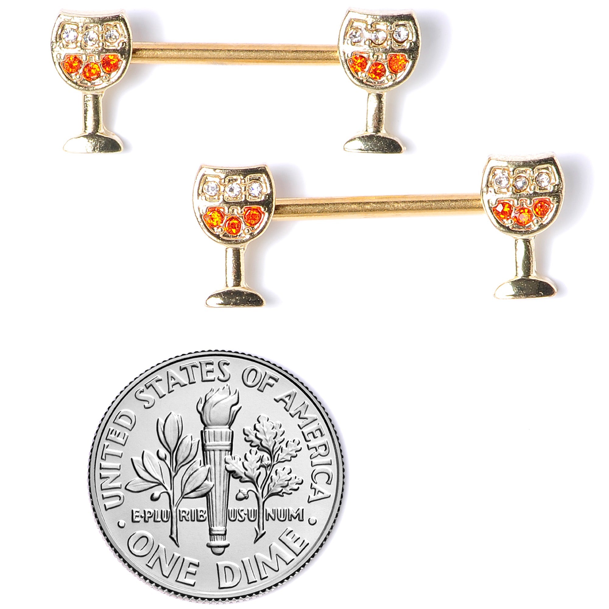 14G 9/16 Orange Gem Gold Tone Holiday Wine Nipple Ring Set
