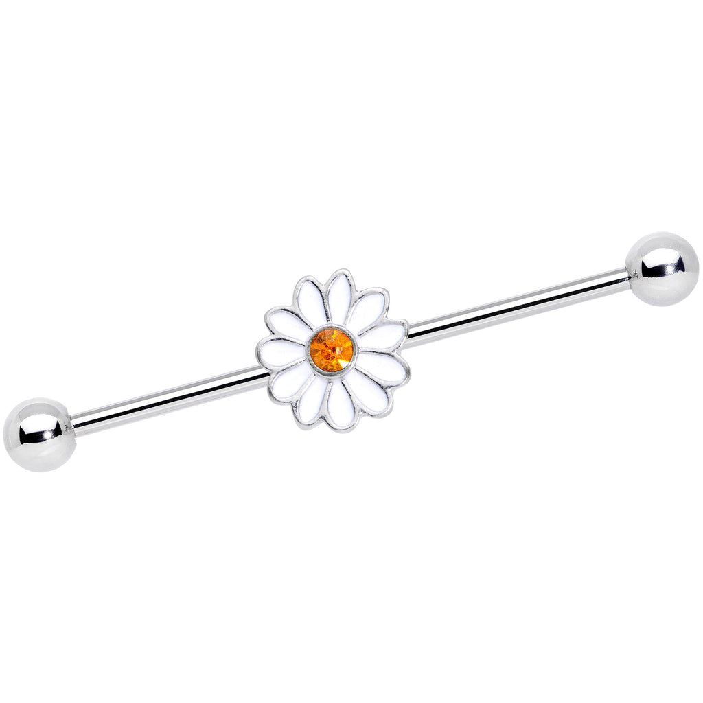 14G Yellow Gem White Daisy Flower Industrial Barbell 38mm