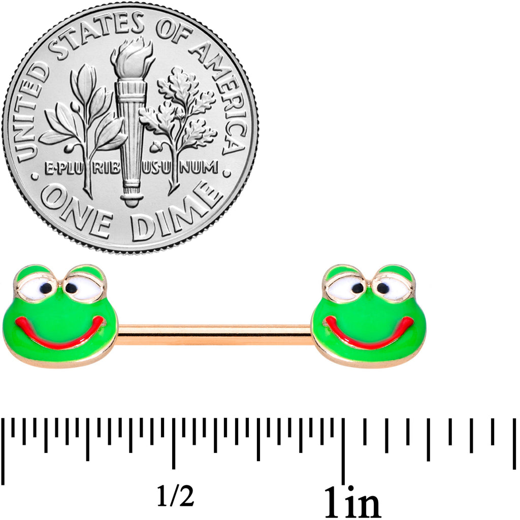 14G 9/16 Rose Gold Tone Green Goofy Frog Barbell Nipple Ring Set