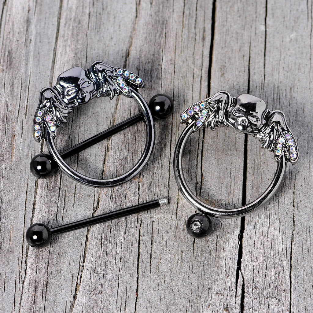14G 7/8 Aurora Gem Black Winged Skull Halloween Nipple Shield Set