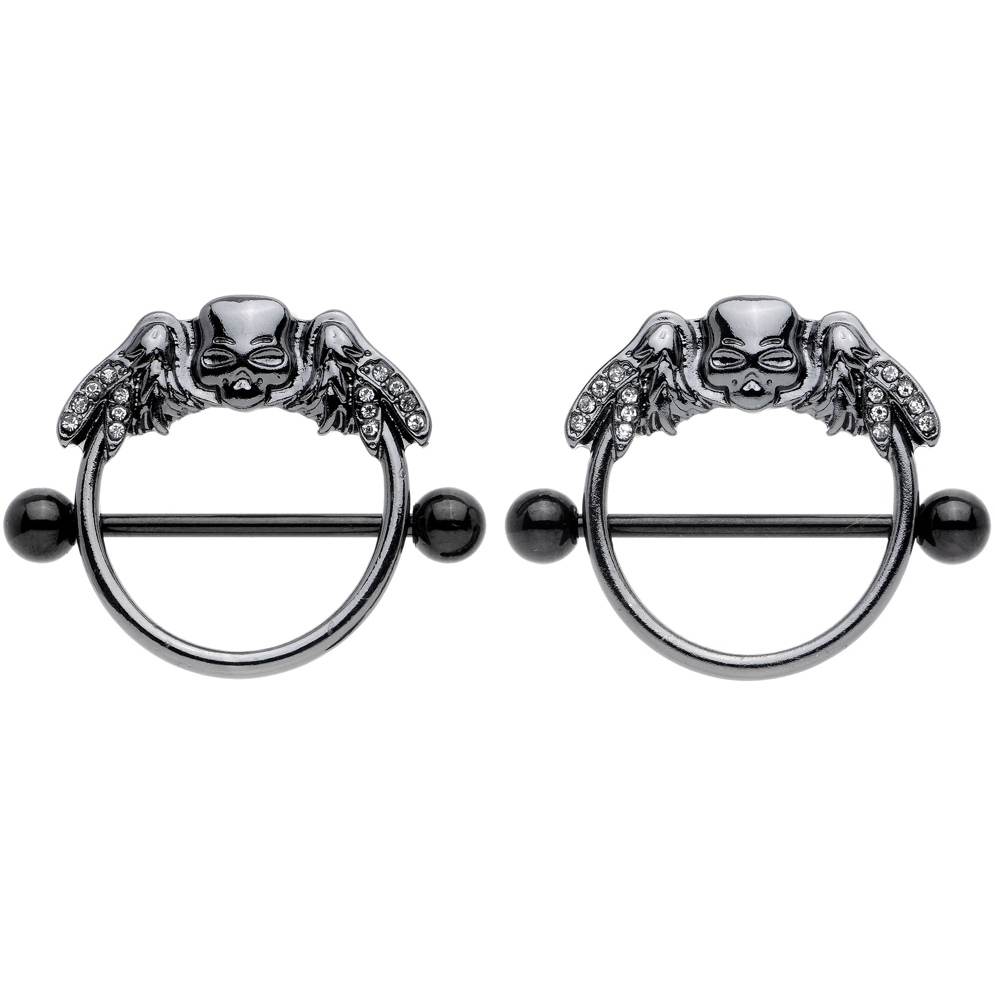 14G 7/8 Clear Gem Black Winged Skull Halloween Nipple Shield Set