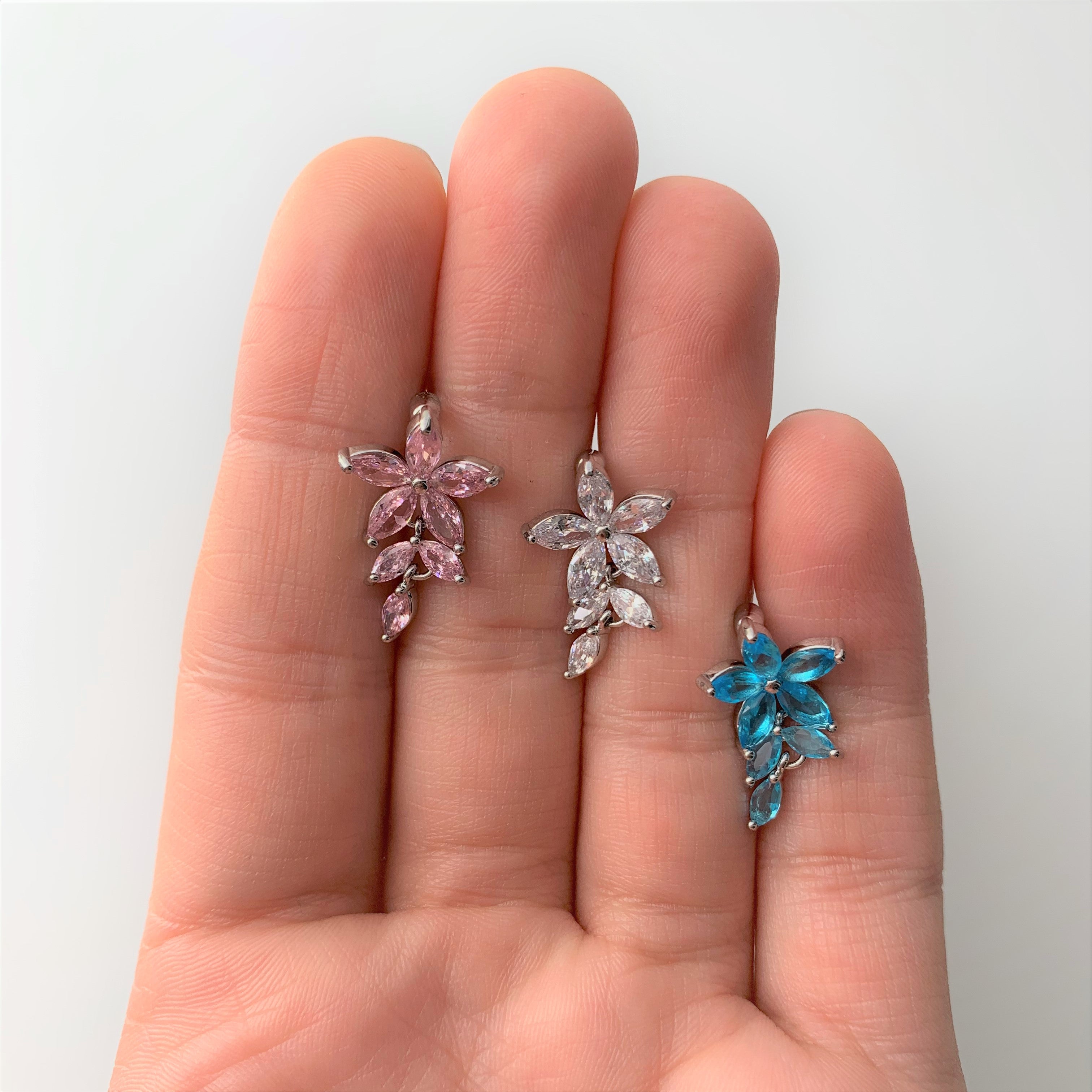 Aqua CZ Gem Fashion Flower Dangle Top Mount Belly Ring