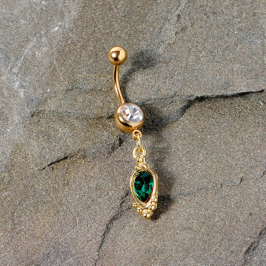 Clear Green Gem Gold Tone Christmas Dangle Belly Ring