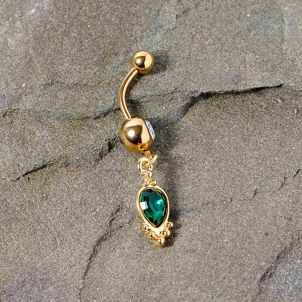 Clear Green Gem Gold Tone Christmas Dangle Belly Ring