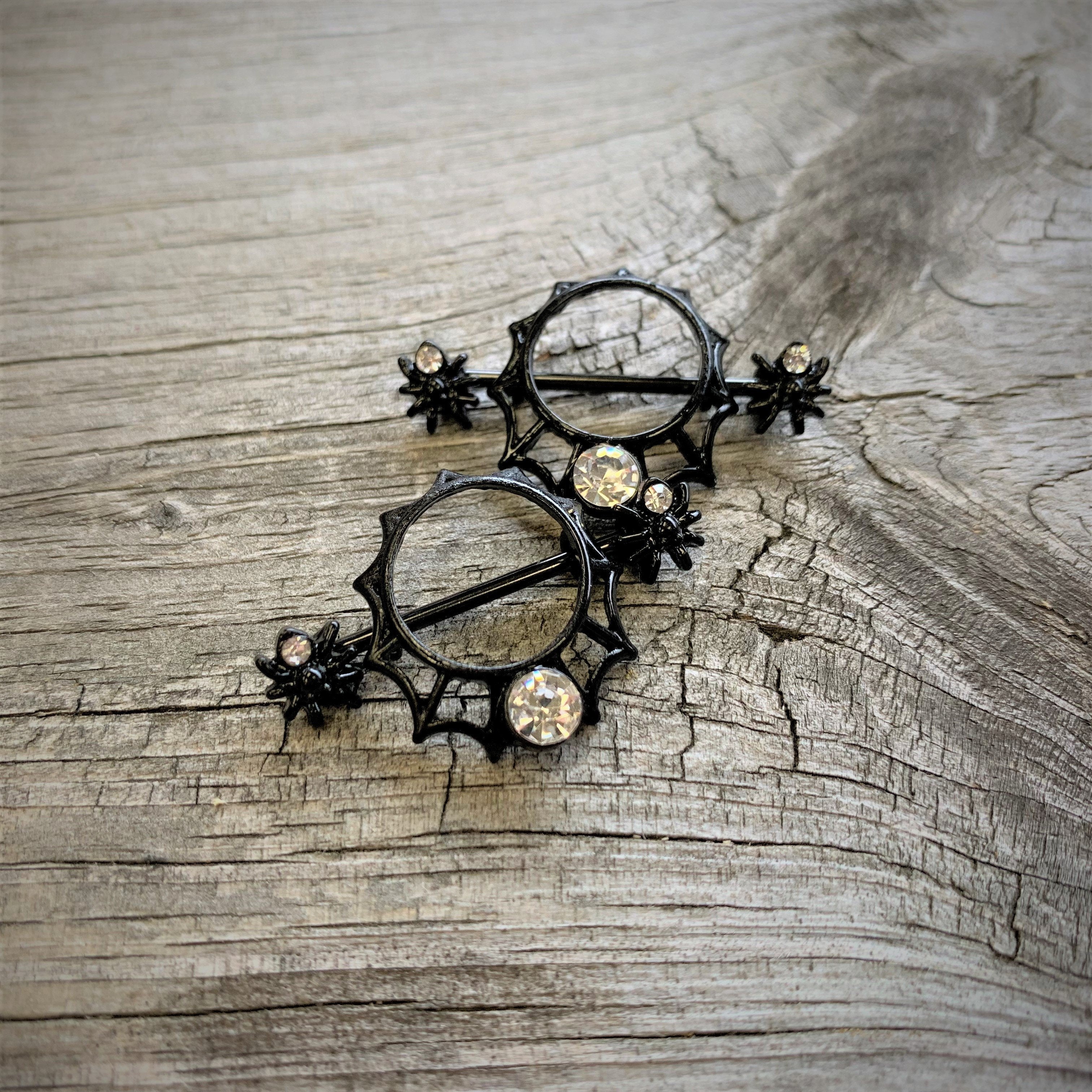 14G 24mm Clear Gem Spider Web Halloween Nipple Shield Set