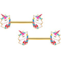 14G 9/16 Gold Tone Rainbow Unicorn Barbell Nipple Ring Set