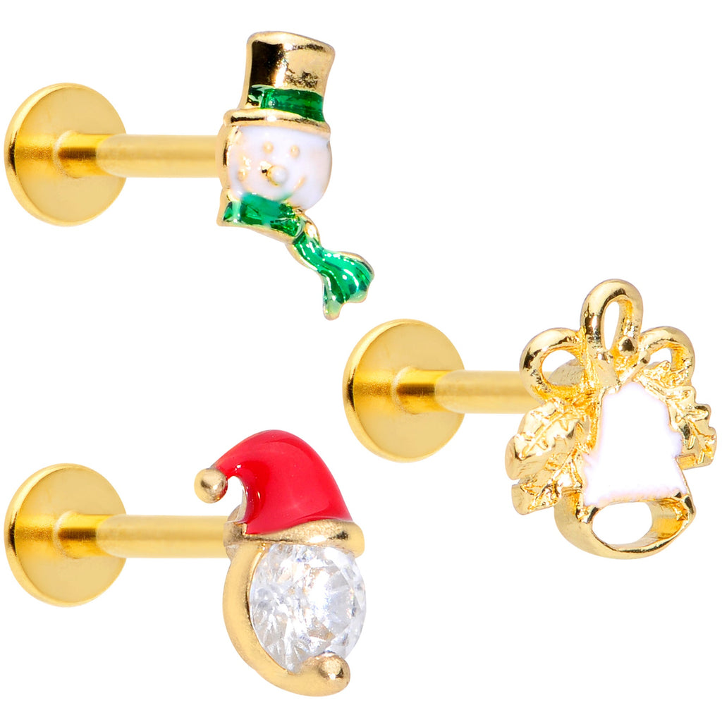 16G 5/16 Clear Gem Gold Tone Christmas Labret Monroe Tragus Set of 3