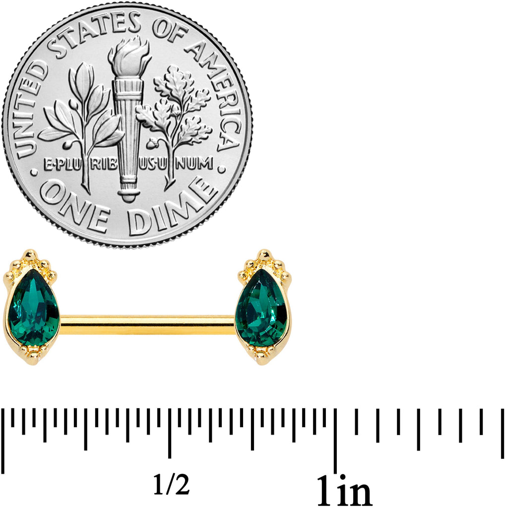 14G 9/16 Green Gem Gold Tone Drop Barbell Nipple Ring Set