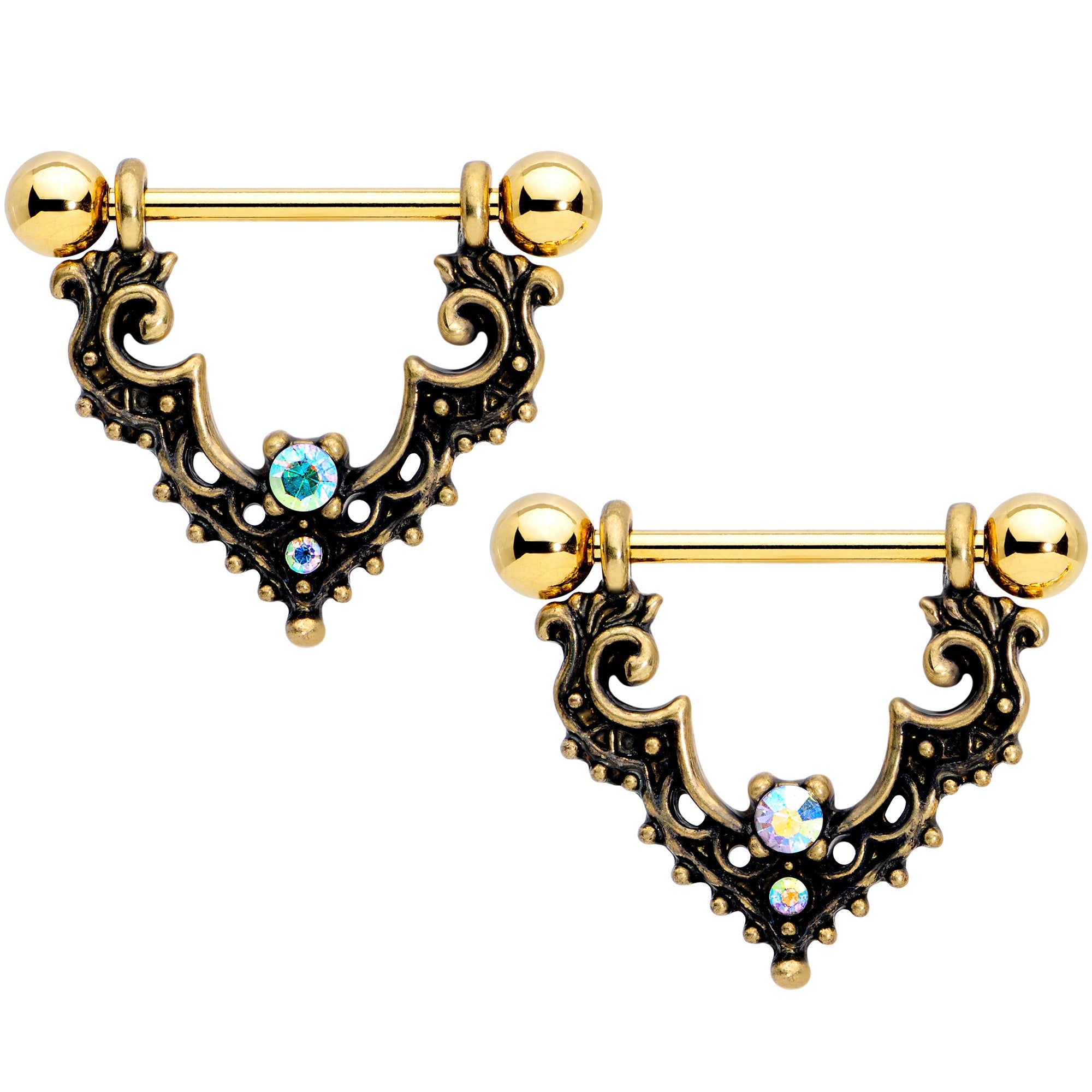 14G 5/8 Aurora Gem Gold Tone Baroque Bat Nipple Shield Set