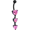 Pink CZ Gem Black Triple Heart Dangle Belly Ring