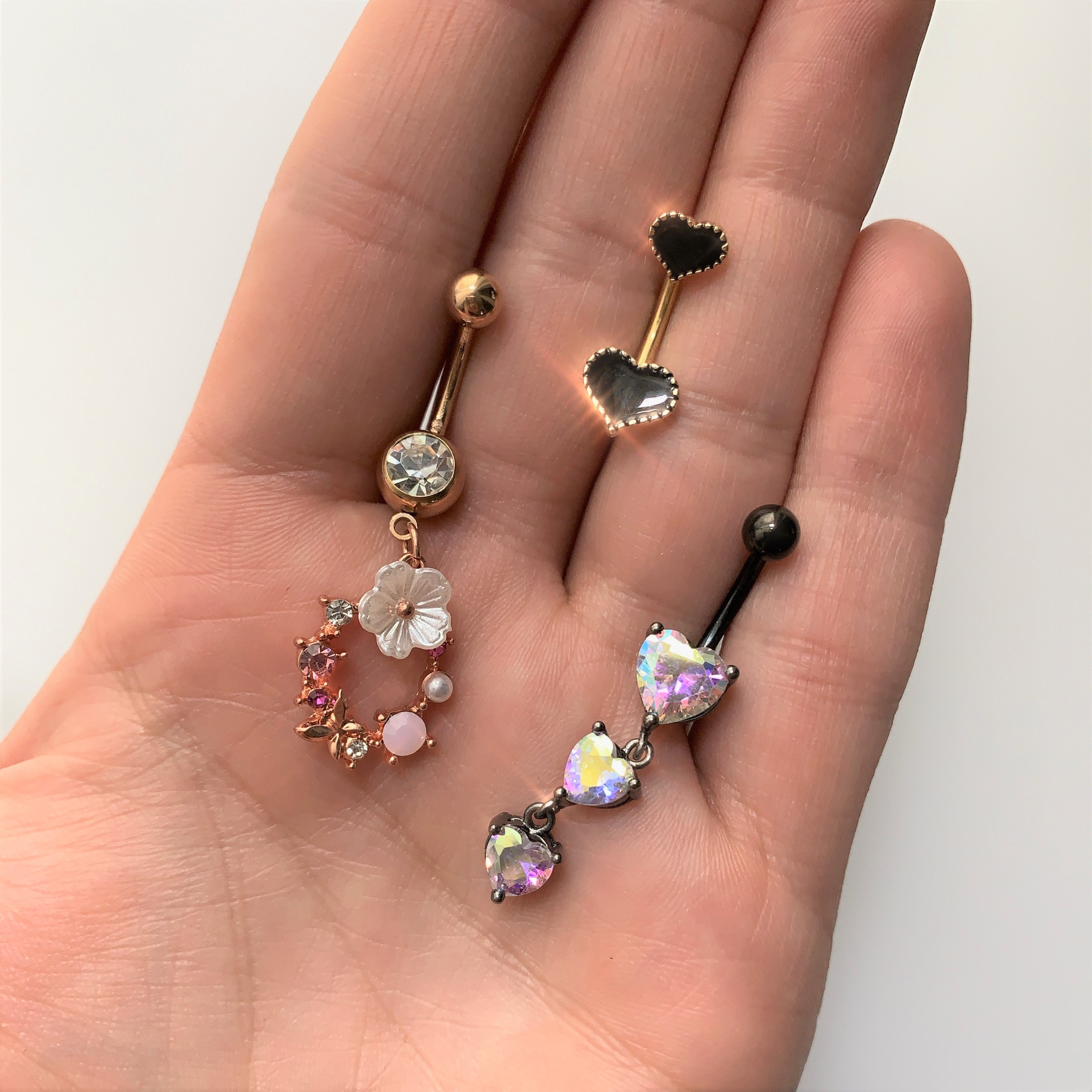 Gold Tone Black Heart Valentines Double Mount Belly Ring