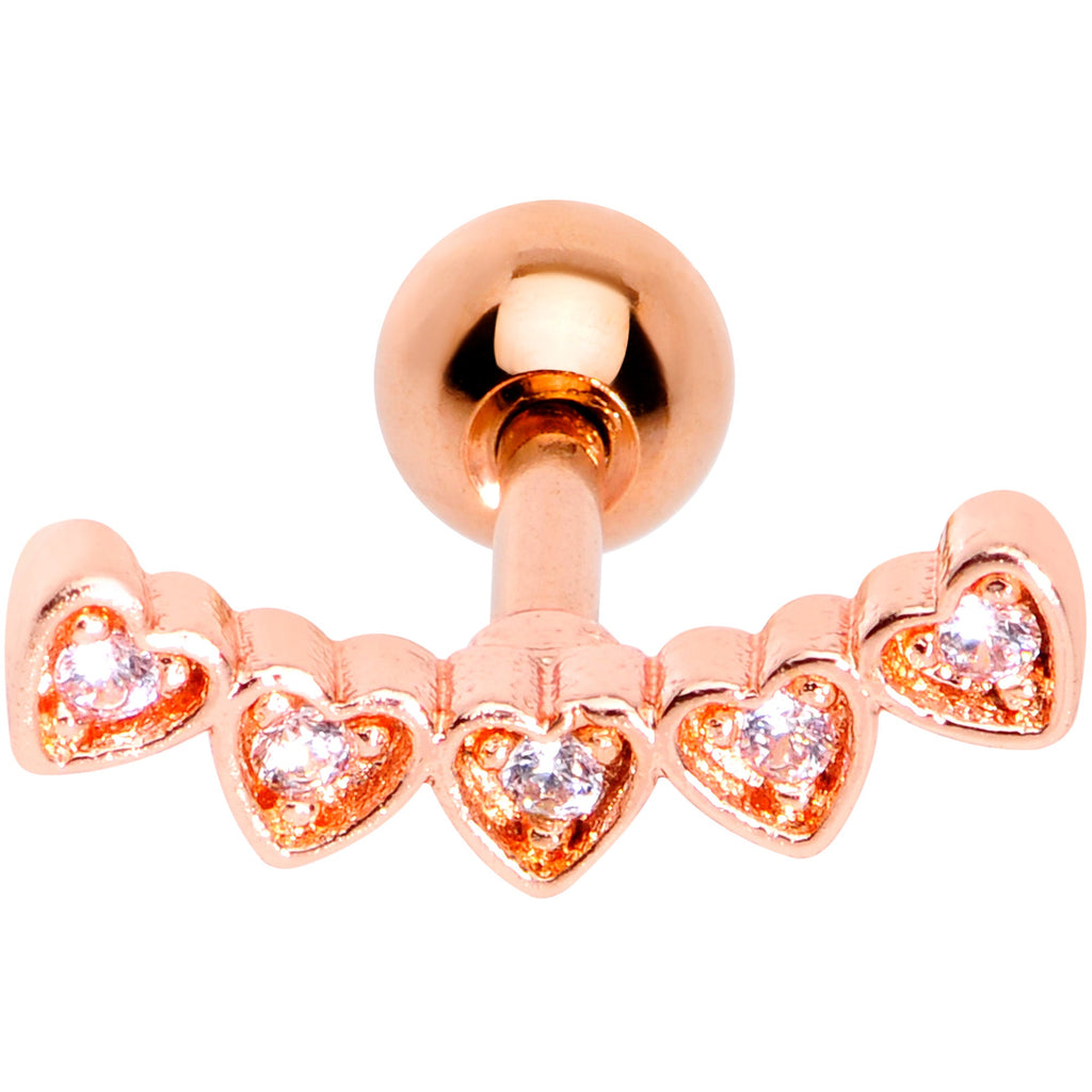 16G 1/4 Clear CZ Gem Rose Gold Tone Five Heart Cartilage Tragus
