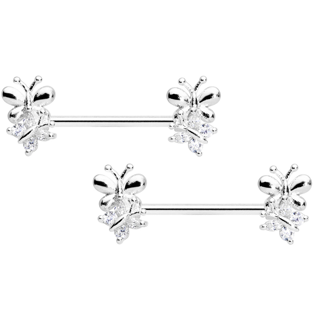 14G 5/8 Clear CZ Gem Butterfly Barbell Nipple Set