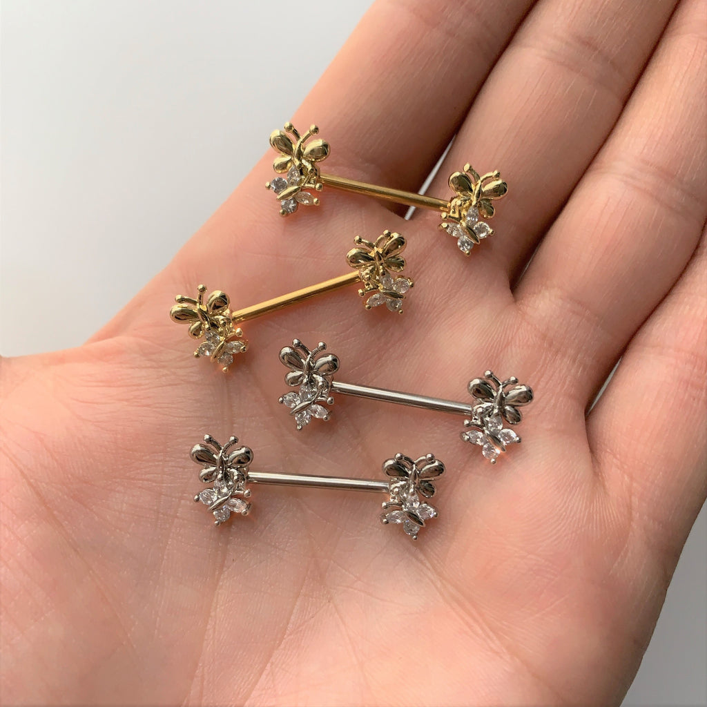 14G 5/8 Clear CZ Gem Butterfly Barbell Nipple Set