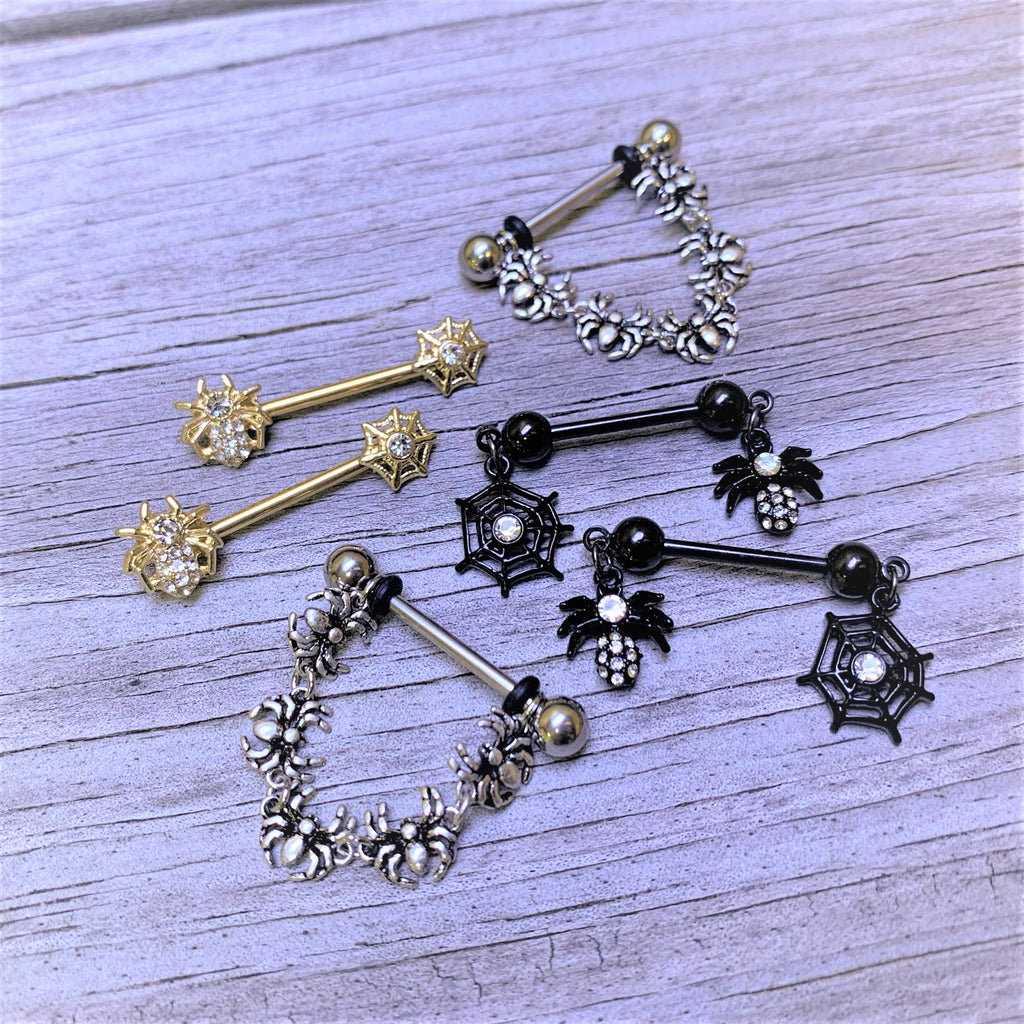 14G 5/8 Clear Gem Gold Tone Spider Web Barbell Nipple Ring Set