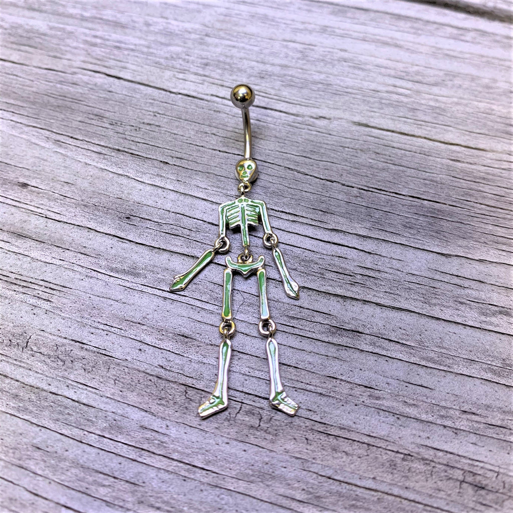 Green Hinged Halloween Skeleton Dangle Belly Ring