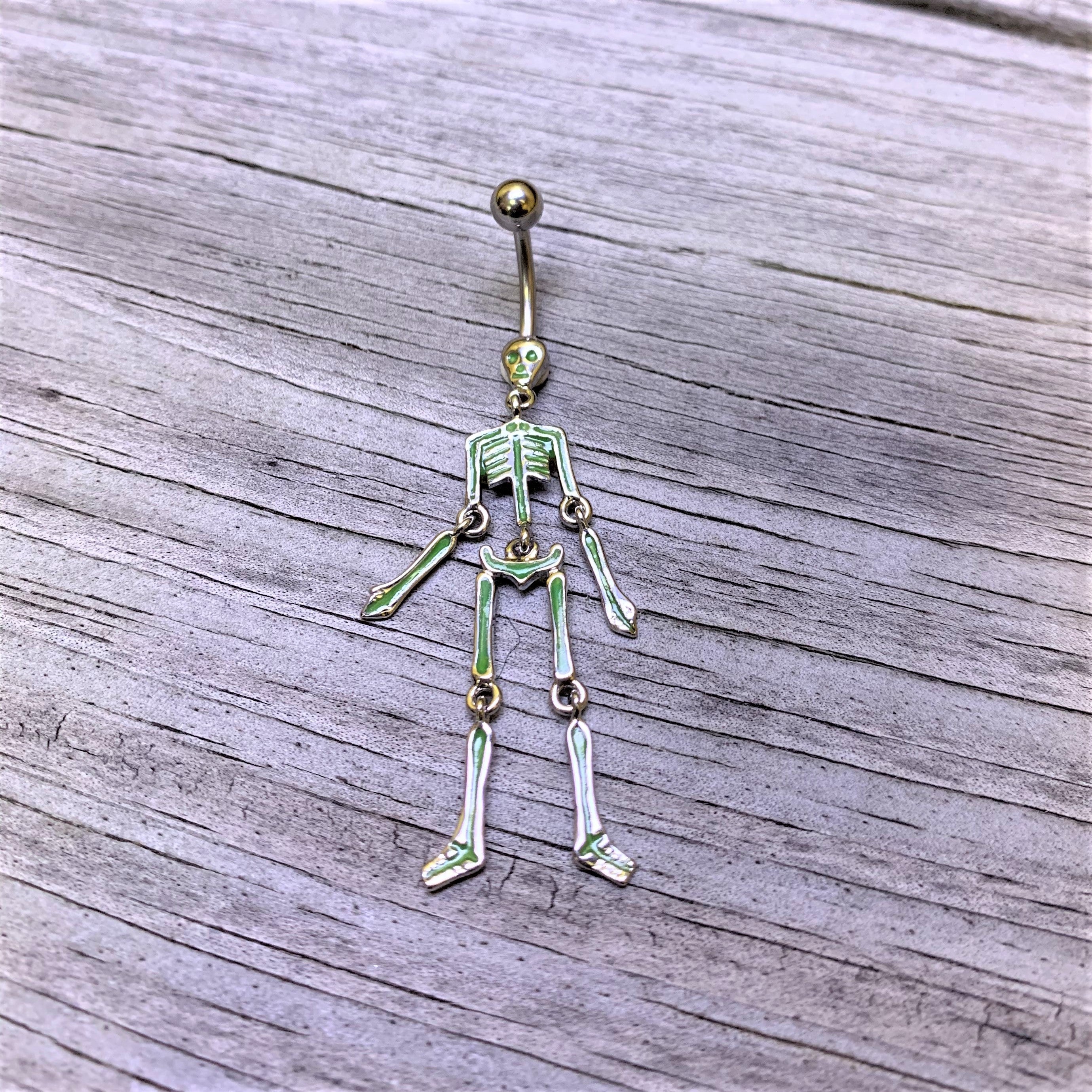 Green Hinged Halloween Skeleton Dangle Belly Ring