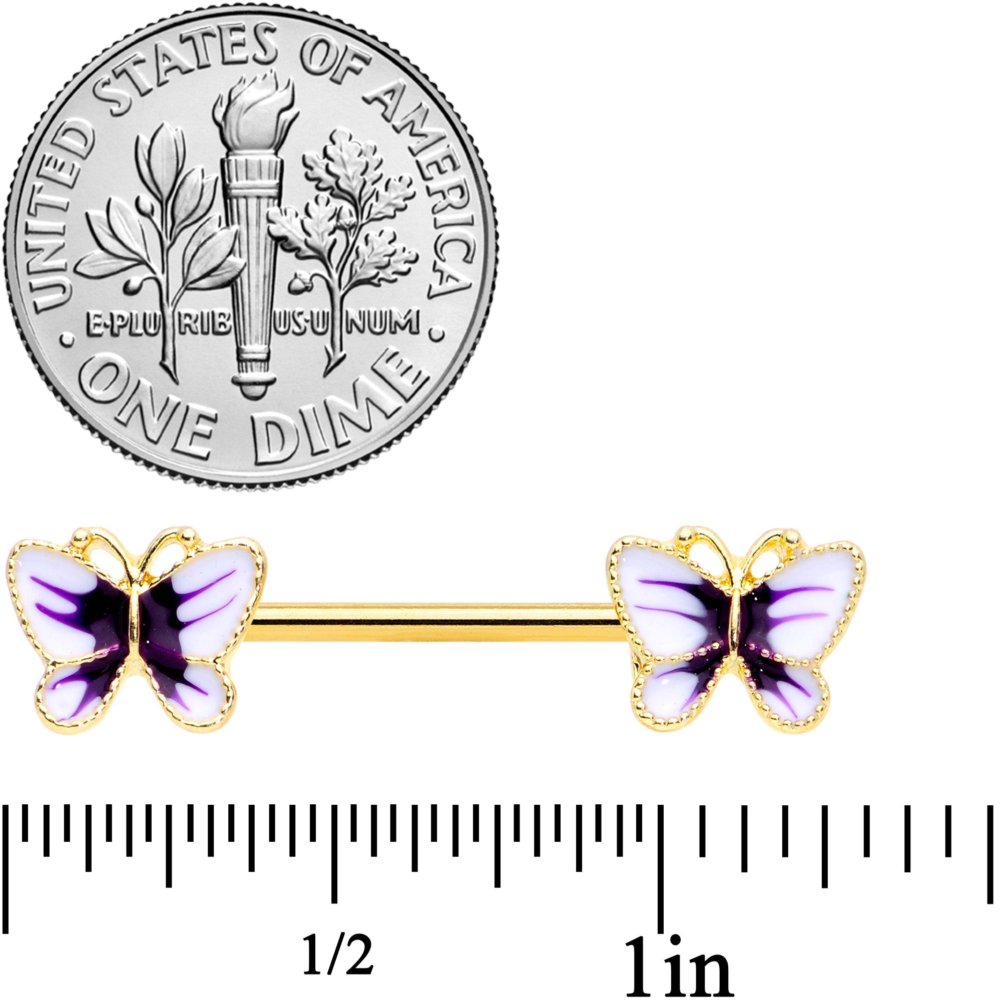 14G 9/16 Gold Tone White Purple Butterfly Barbell Nipple Set