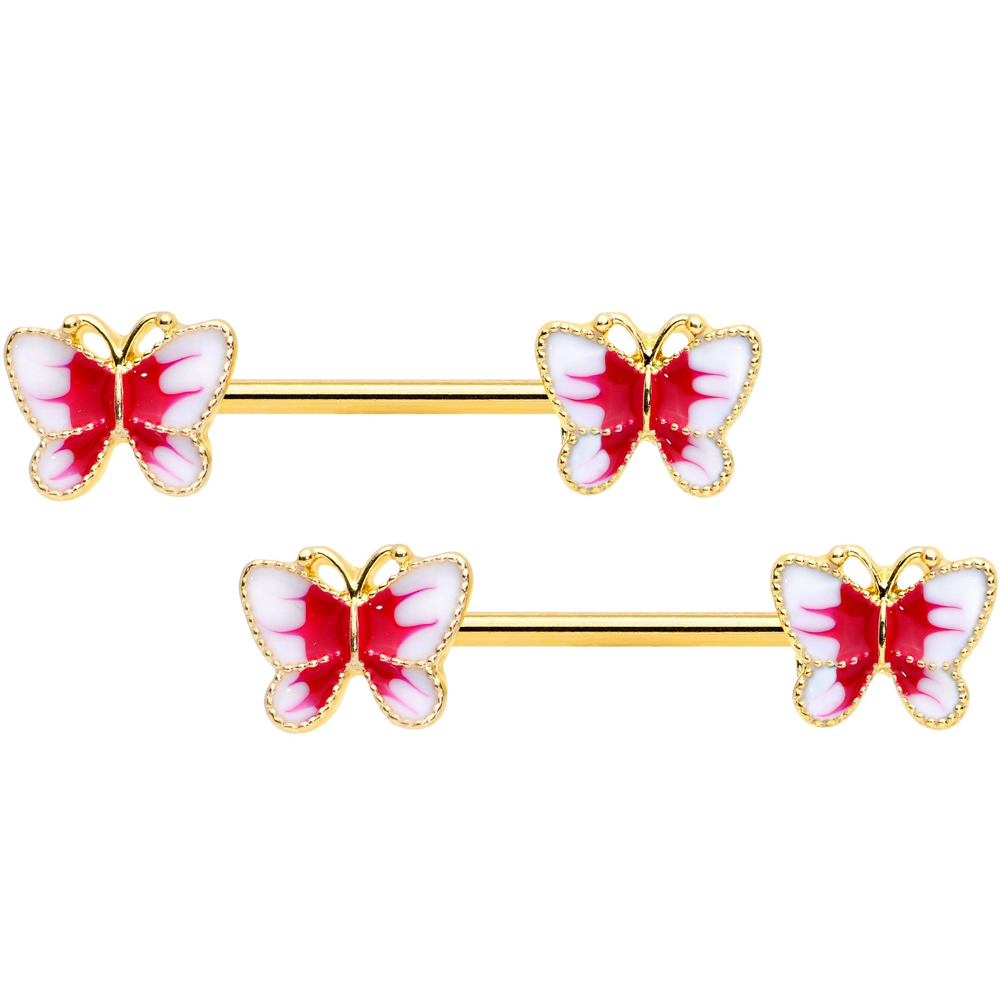 14G 9/16 Gold Tone White Red Butterfly Barbell Nipple Set