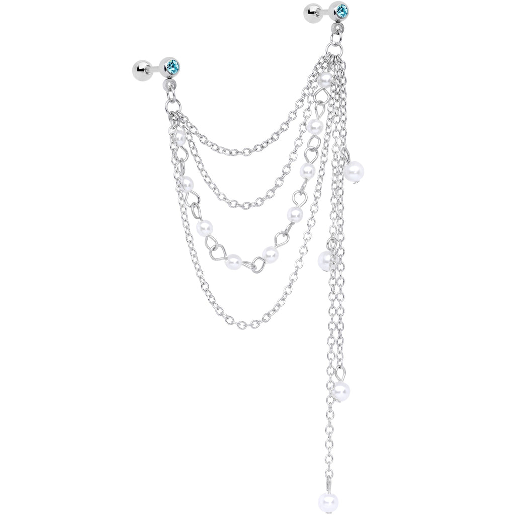16G 1/4 Aqua Gem Multiple Dangle Cartilage Chain Earring