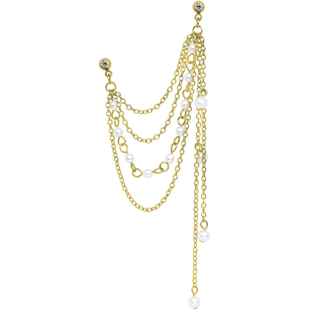 16G 1/4 Clear Gem Gold Hue Dangle Cartilage Chain Earring