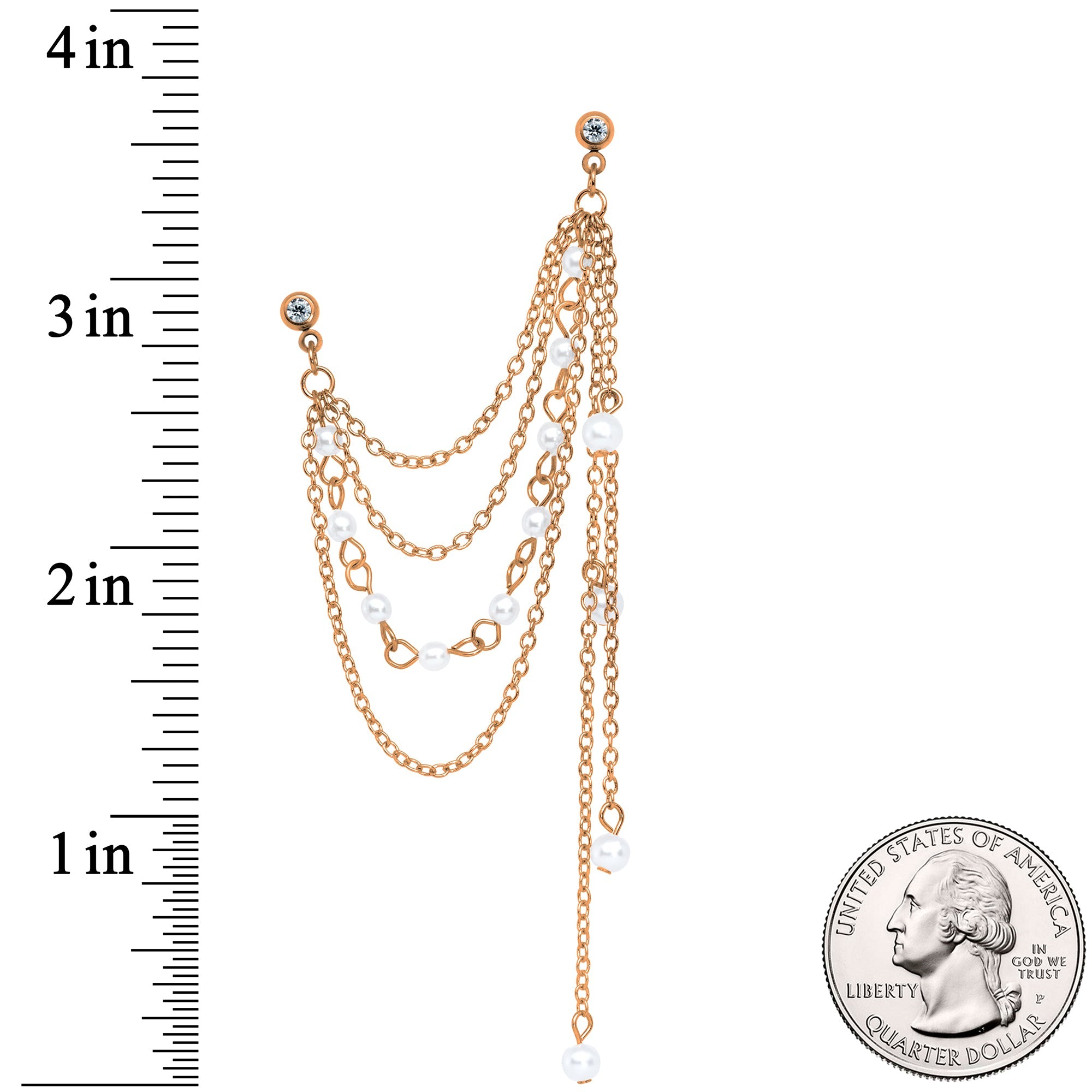 16G 1/4 Clear Gem Rose Gold Hue Dangle Cartilage Chain Earring