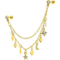 16G 1/4 Gold Tone Moon Sun Dangle Cartilage Chain Earring