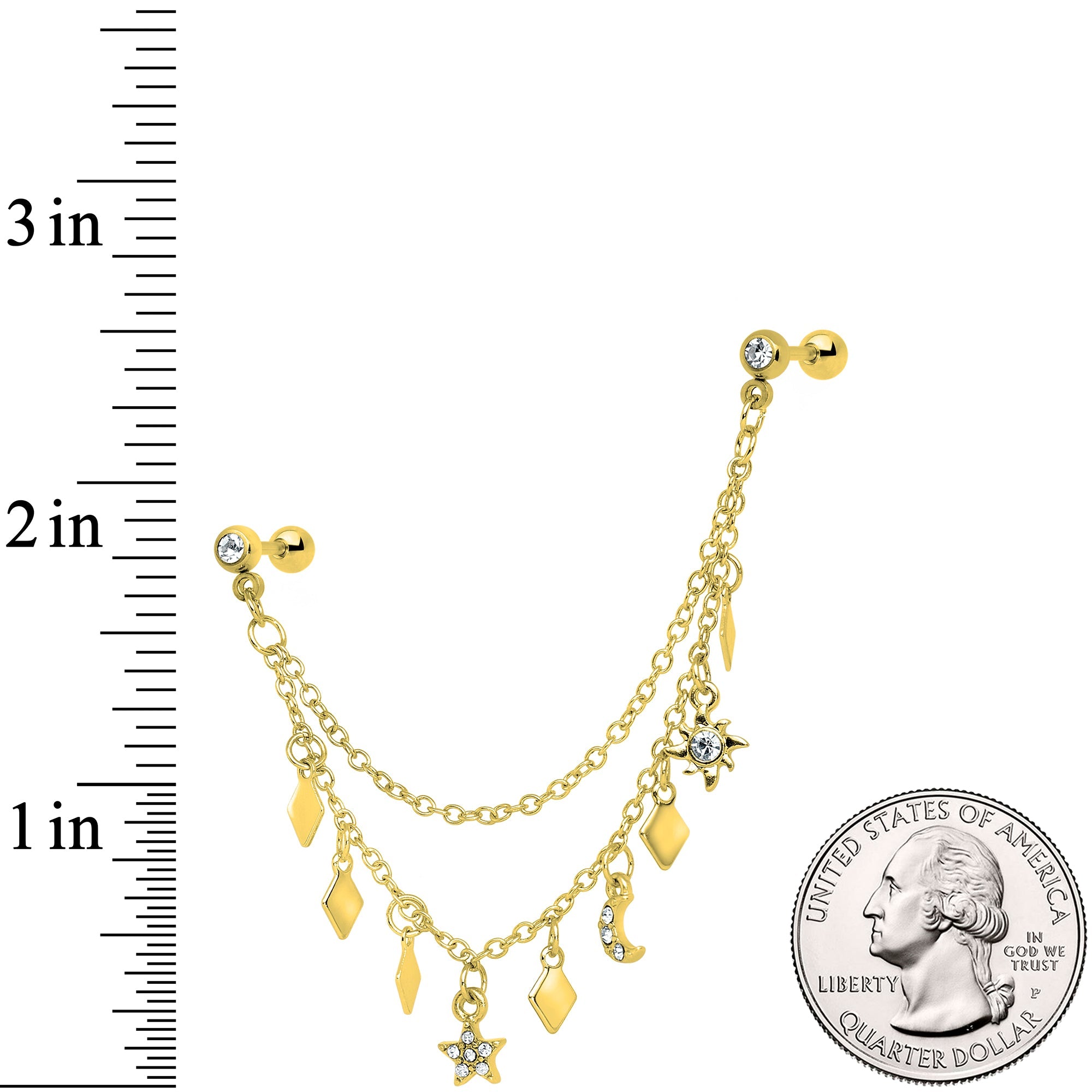 16G 1/4 Gold Tone Moon Sun Dangle Cartilage Chain Earring