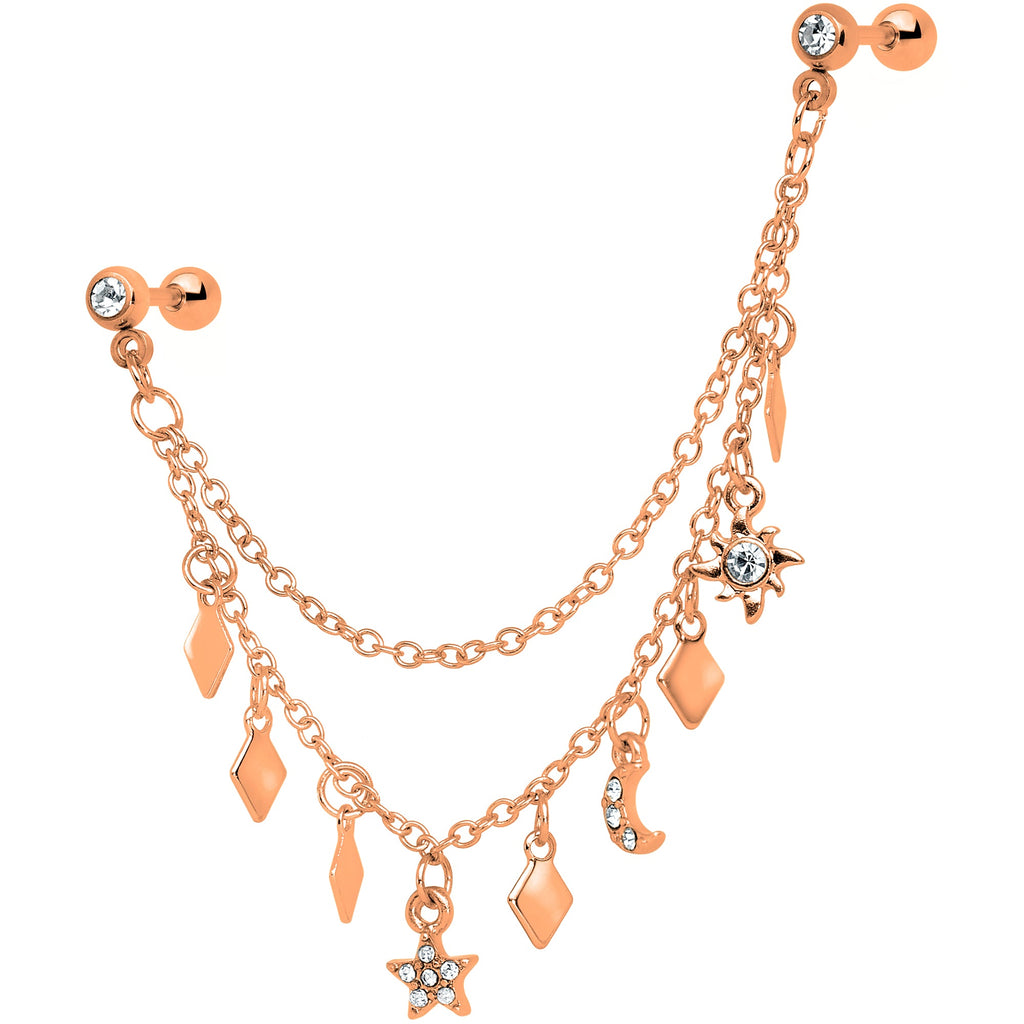 16G 1/4 Rose Gold Tone Moon Sun Dangle Cartilage Chain Earring