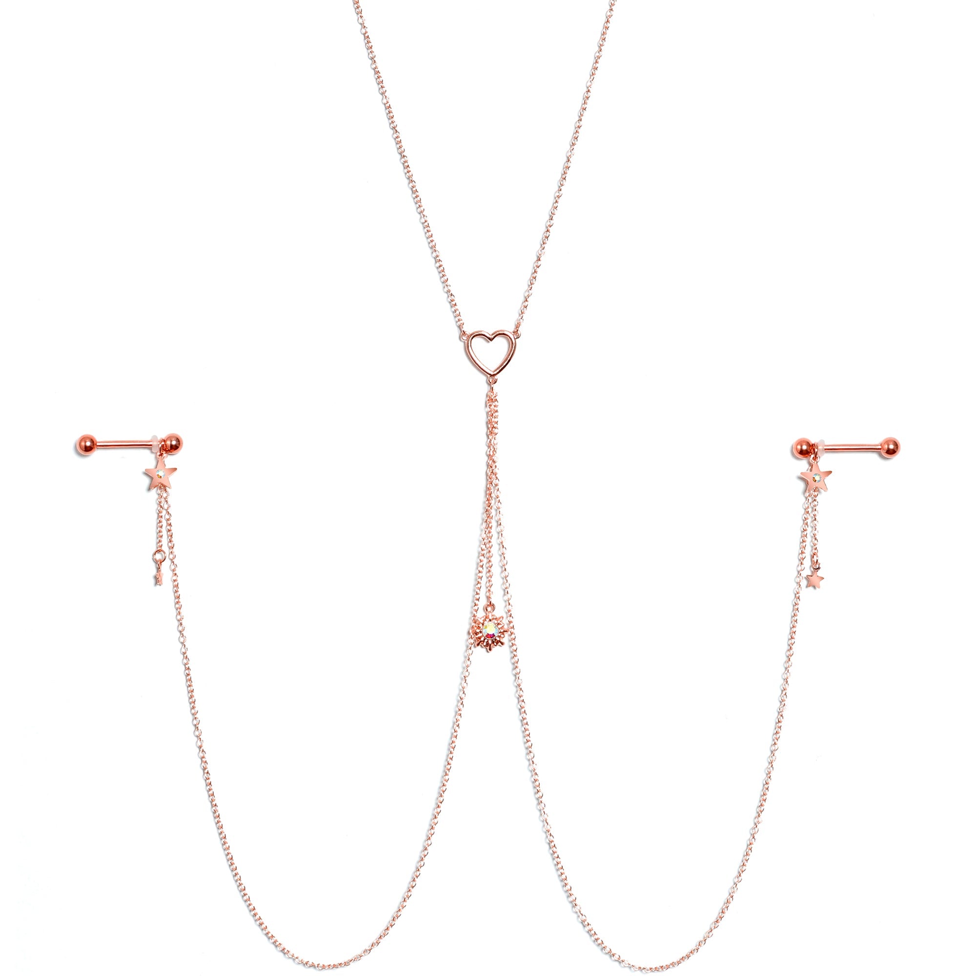 14G 5/8 Aurora Gem Rose Gold Hue Star Sun Nipple Chain Necklace