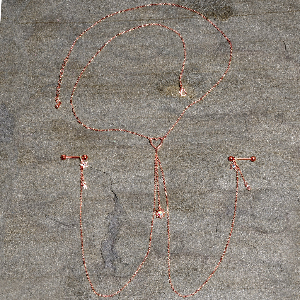 14G 5/8 Aurora Gem Rose Gold Hue Star Sun Nipple Chain Necklace