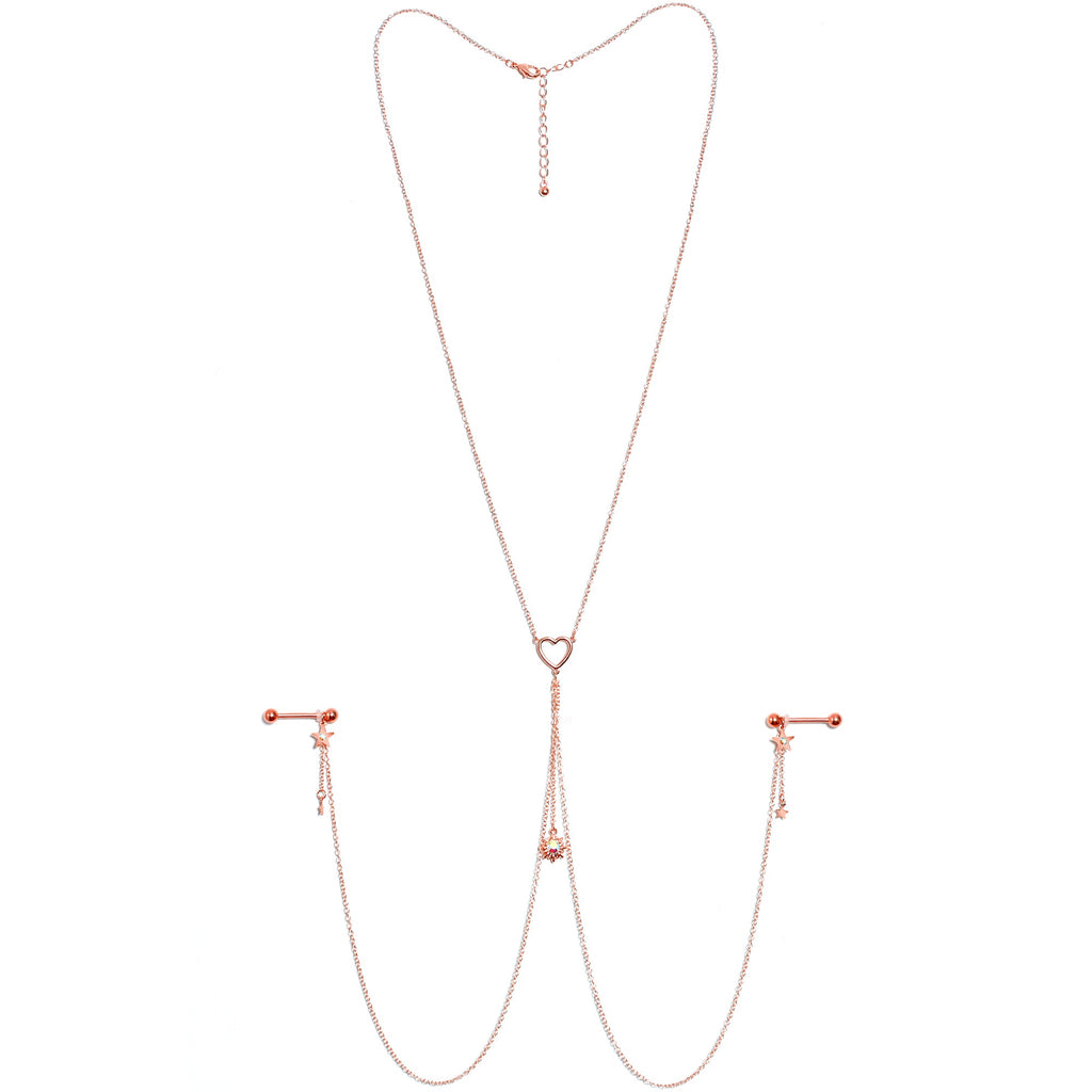 14G 5/8 Aurora Gem Rose Gold Hue Star Sun Nipple Chain Necklace
