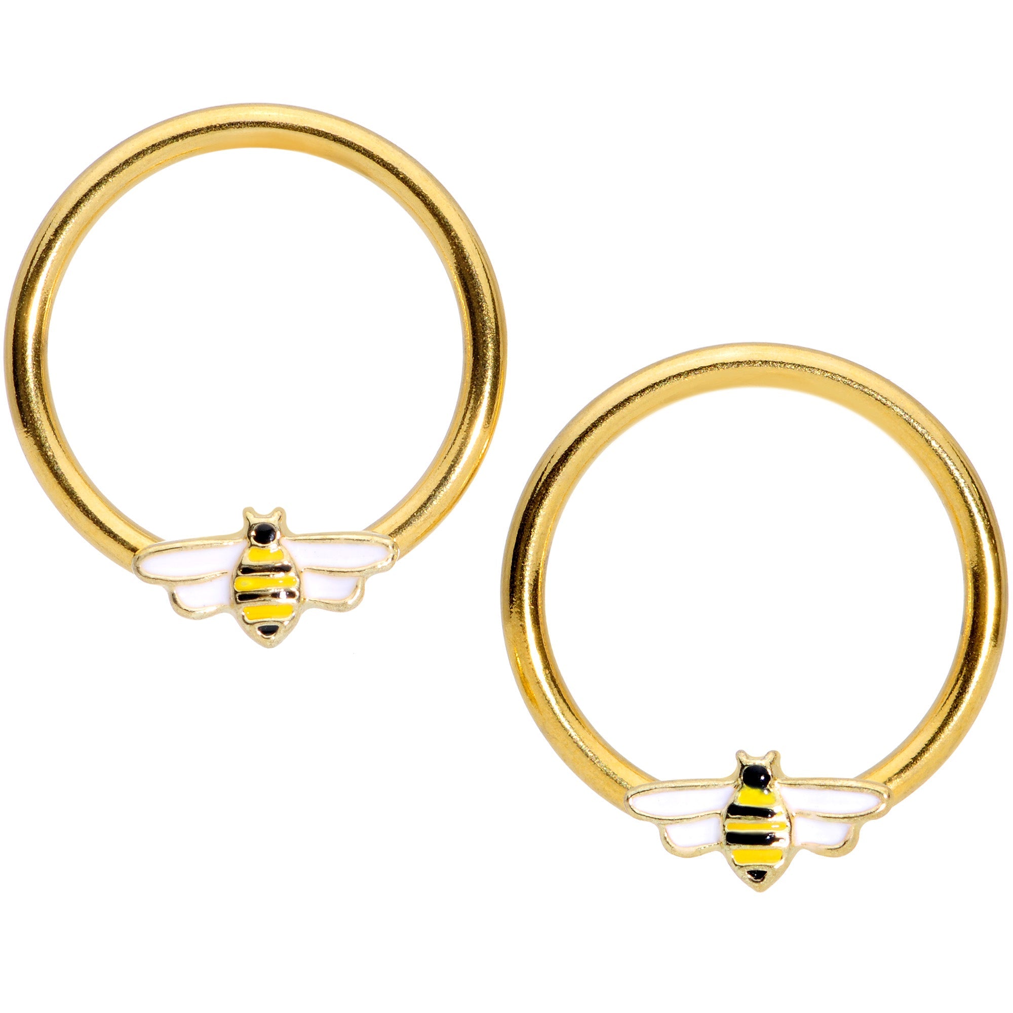 14G 9/16 Gold Tone Black White Bee BCR Captive Nipple Ring Set