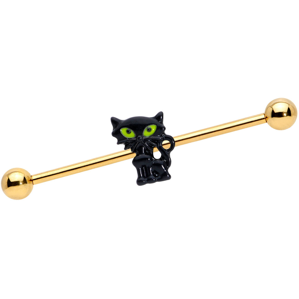 14G Gold Tone Black Cat Halloween Industrial Barbell 38mm