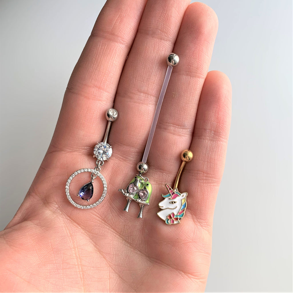 Blue Green CZ Gem Drop Loop Dangle Belly Ring
