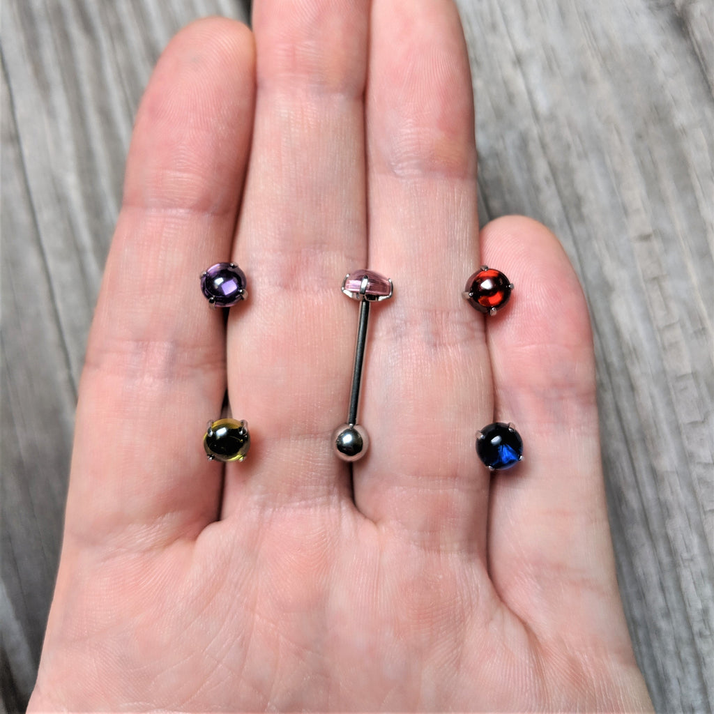 Red CZ Gem Smooth Hemisphere Barbell Tongue Ring