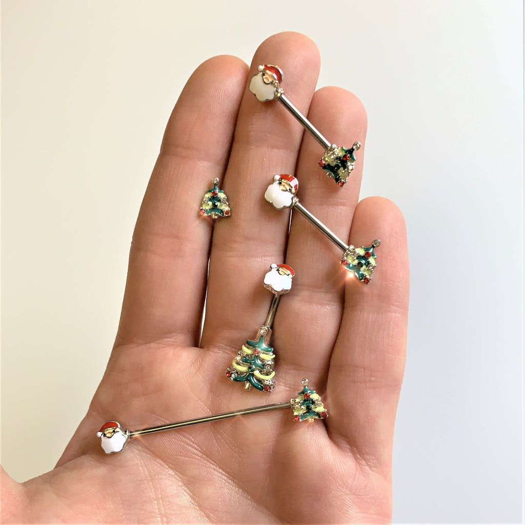 14G Red Gem Santa Christmas Tree Industrial Barbell 38mm