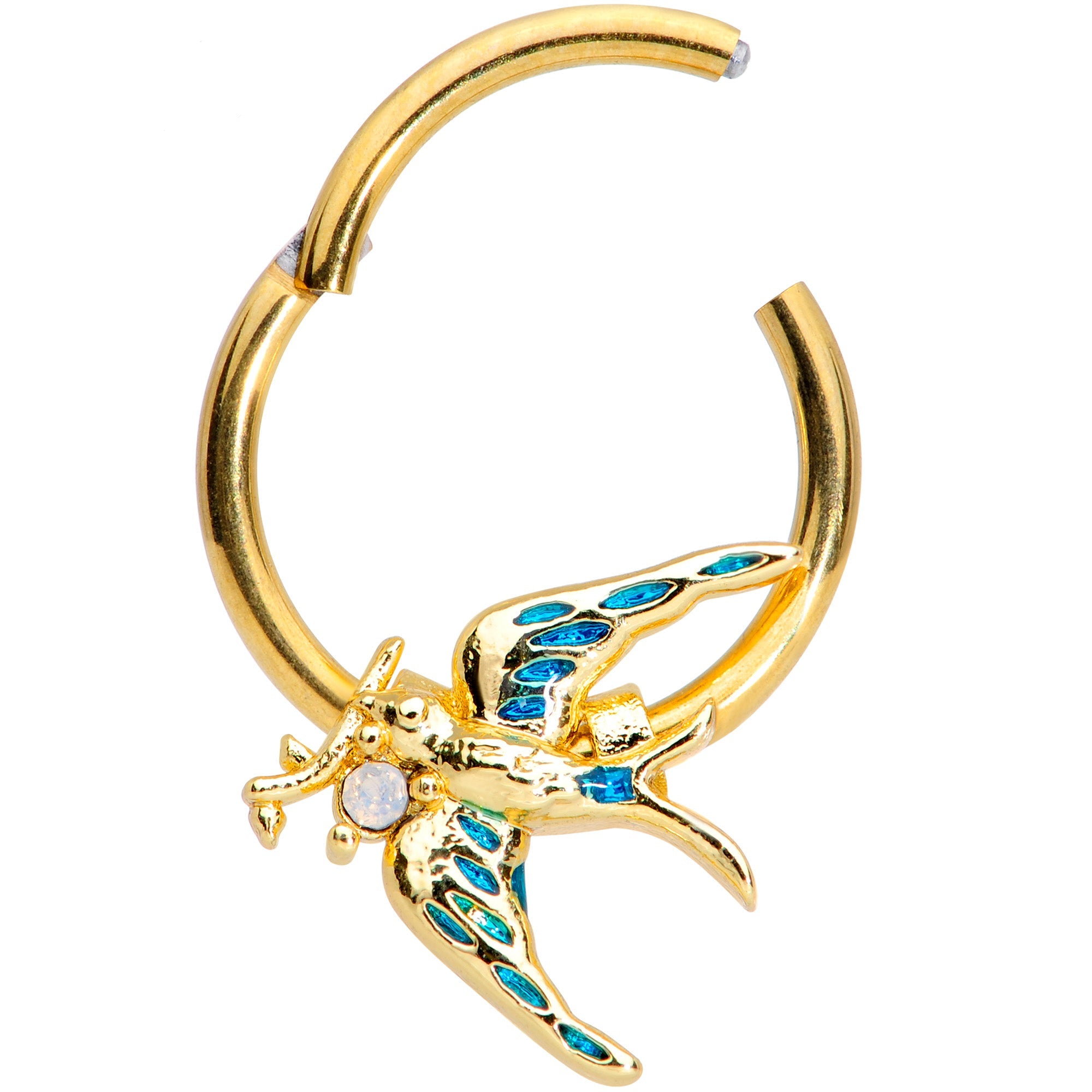 16G 3/8 White Faux Opal Gold Hue Swallow Bird Hinged Segment Ring