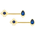 14G 9/16 Blue Gem Gold Tone Noble Barbell Nipple Ring Set