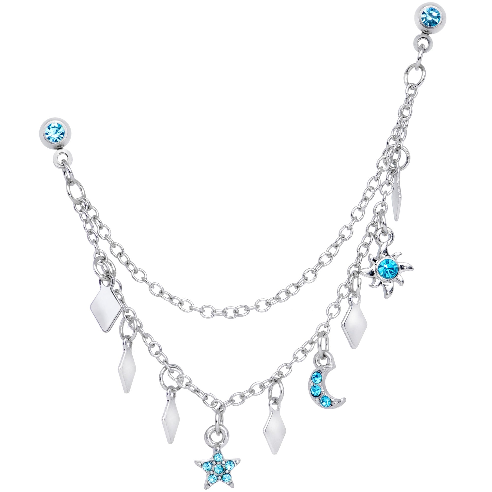 16G 1/4 Aqua Gem Moon Star Sun Dangle Cartilage Chain Earring