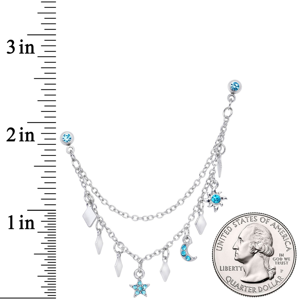 16G 1/4 Aqua Gem Moon Star Sun Dangle Cartilage Chain Earring